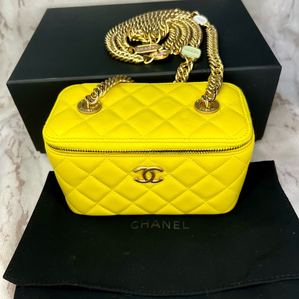2023 Yellow lambskin Vanity on gold link chain with enamel charms